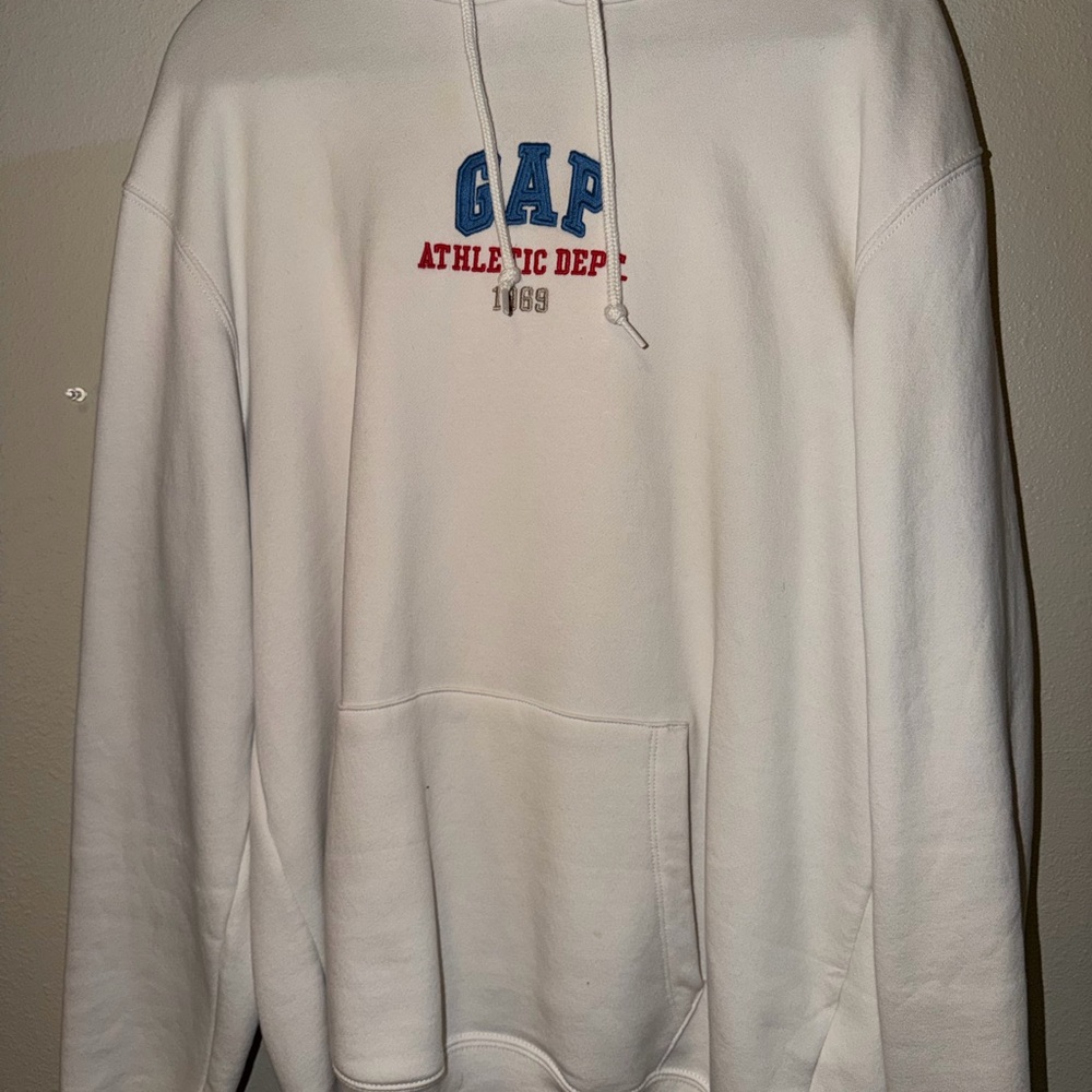 GAP Men's White Hoodie with Blue and Red Accents